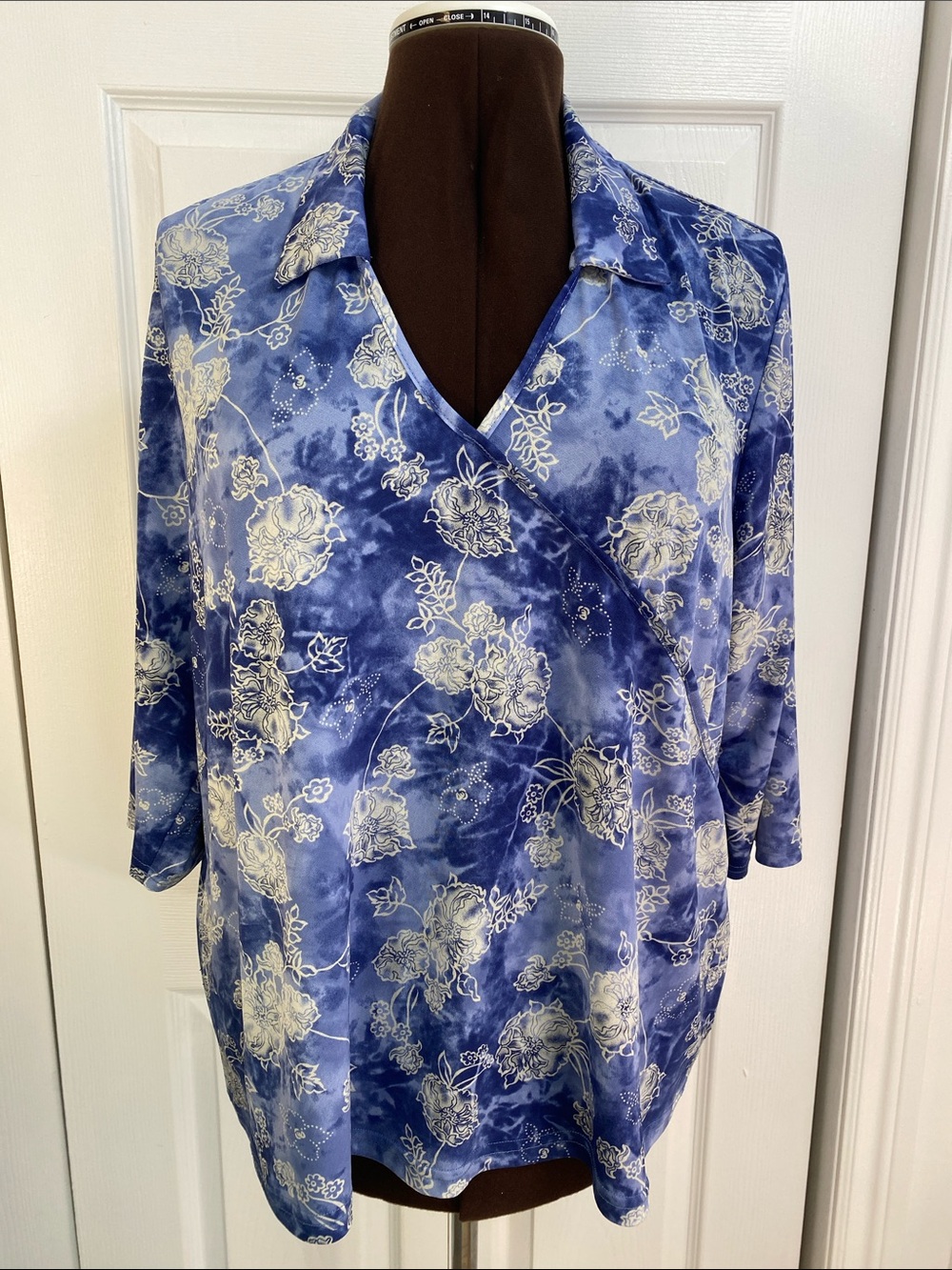 2 for $25 - Vintage Encore Blue Floral Wrap-Front Blouse with Collar, 3X Plus